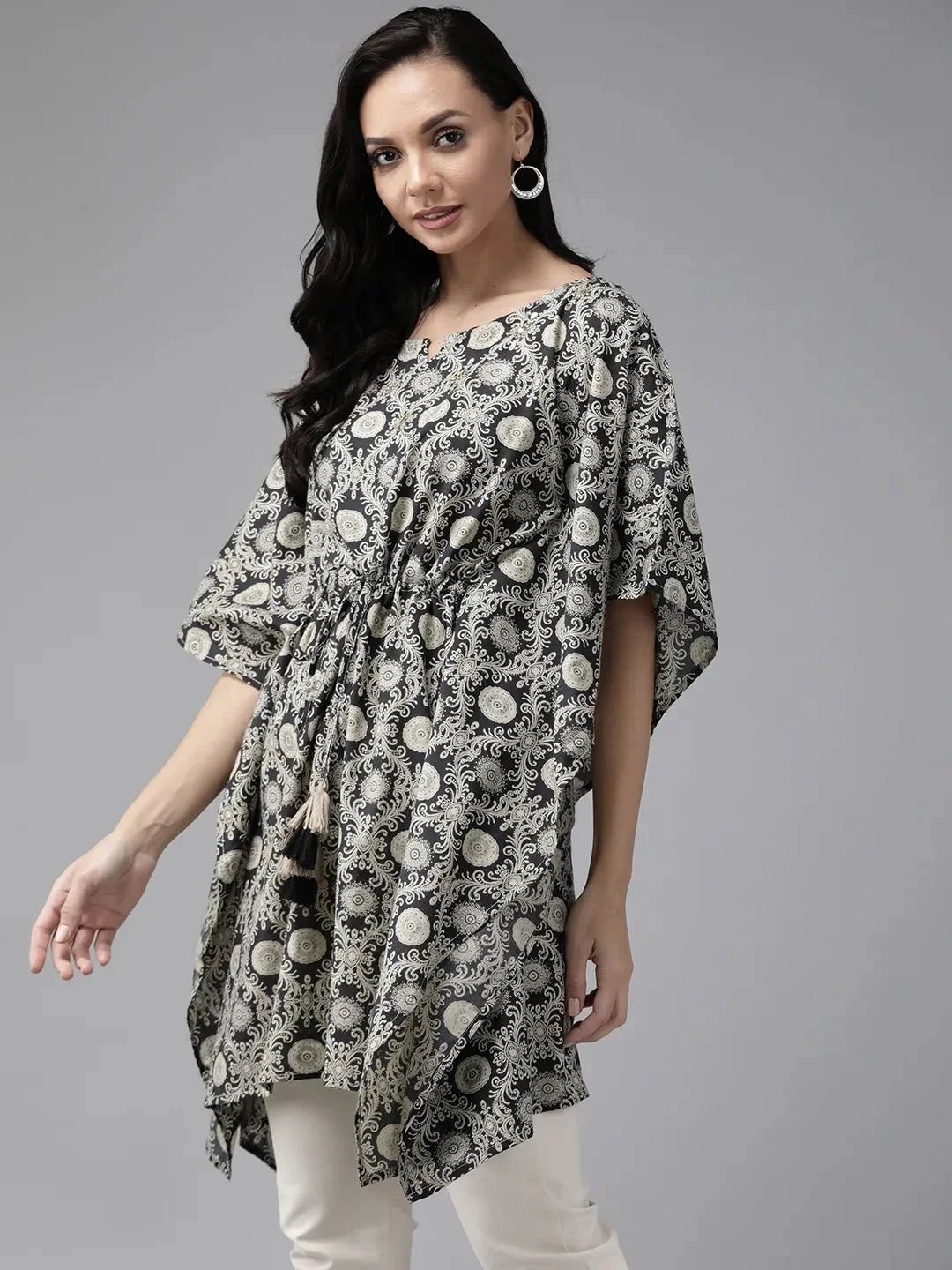 Black Ethnic Motifs Printed Kaftan-Indiakreations-JS9288KFTBKS