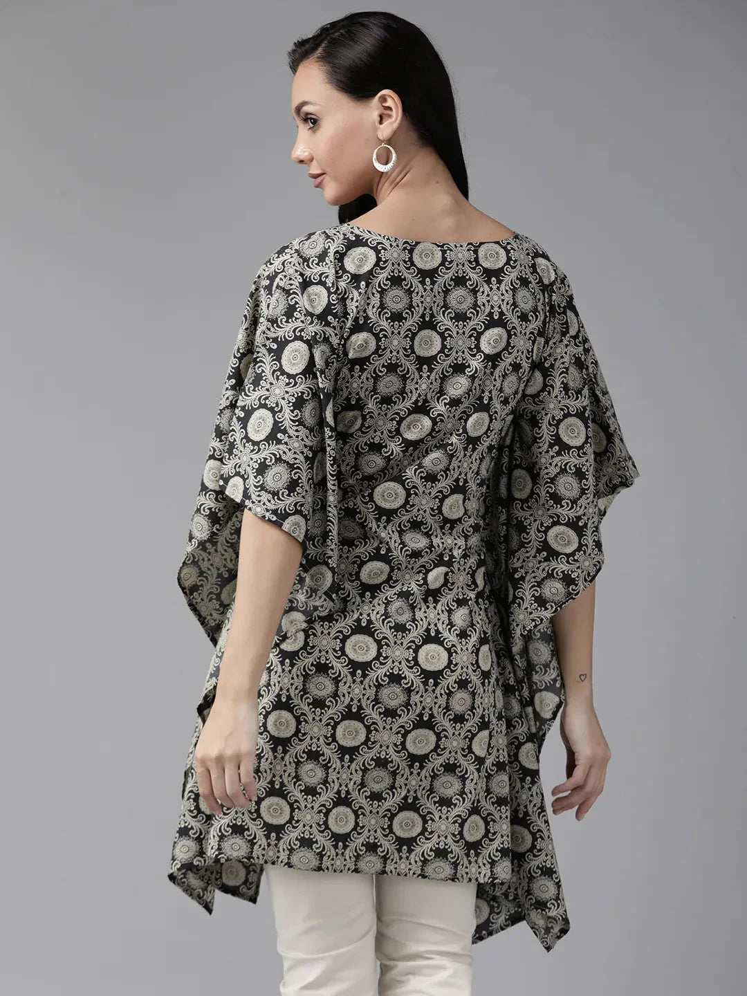 Black Ethnic Motifs Printed Kaftan-Indiakreations-JS9288KFTBKS