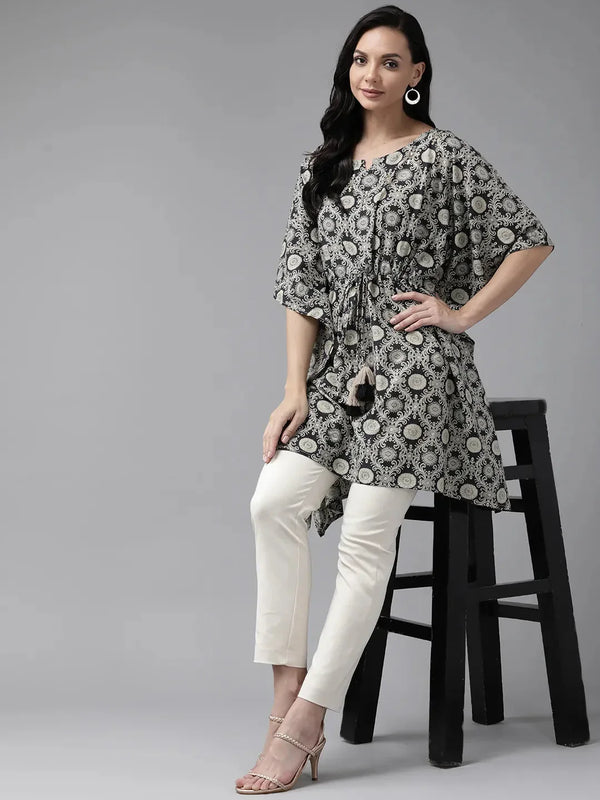 Black Ethnic Motifs Printed Kaftan-Indiakreations-JS9288KFTBKS