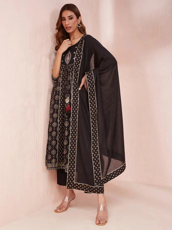 Black Ethnic Motifs Round Neck Anarkali Kurta Trouser Set-Indiakreations-JS1957SKDBKS