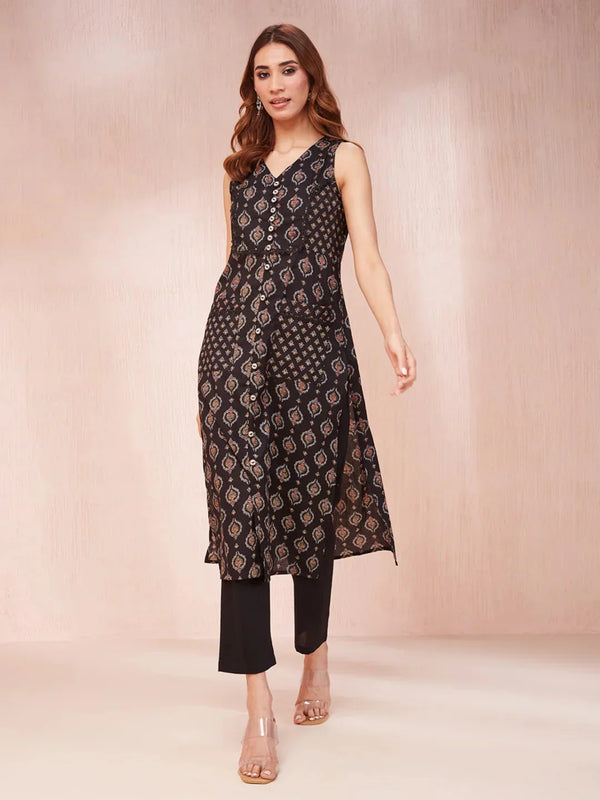 Black Ethnic Motifs Round Neck Straight Kurta-Indiakreations-JS1958KURBKS