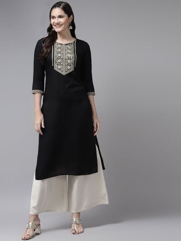 Black Ethnic Motifs Yoke Design Kurta-Indiakreations-JS7875KURBKS