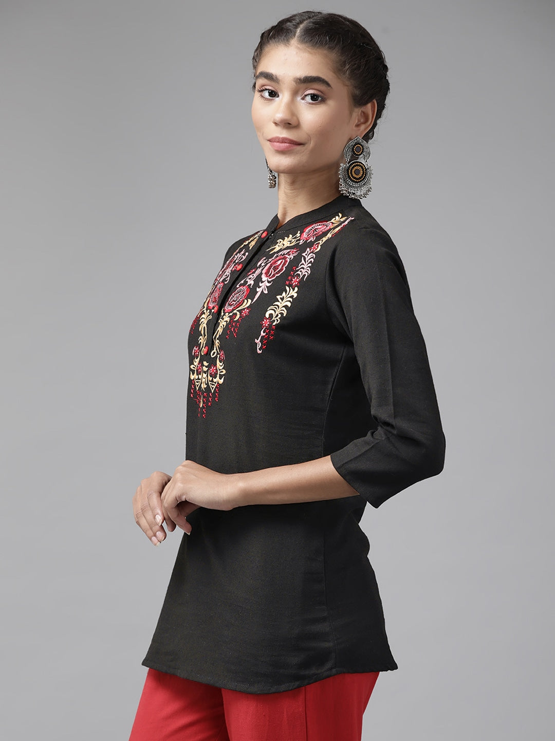 Black Floral Embroidered Top-Indiakreations-JS9737TOPBKS