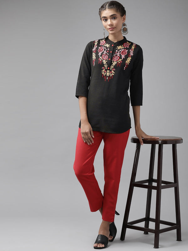 Black Floral Embroidered Top-Indiakreations-JS9737TOPBKS