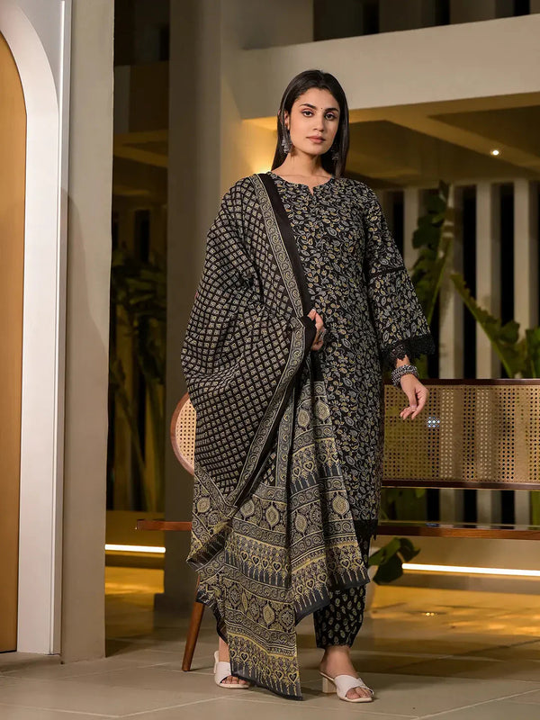 Black Floral Print Piping On Yoke Pakistani Style Kurta With Trousers And Dupatta Set-Indiakreations-JS1009SKDBKS