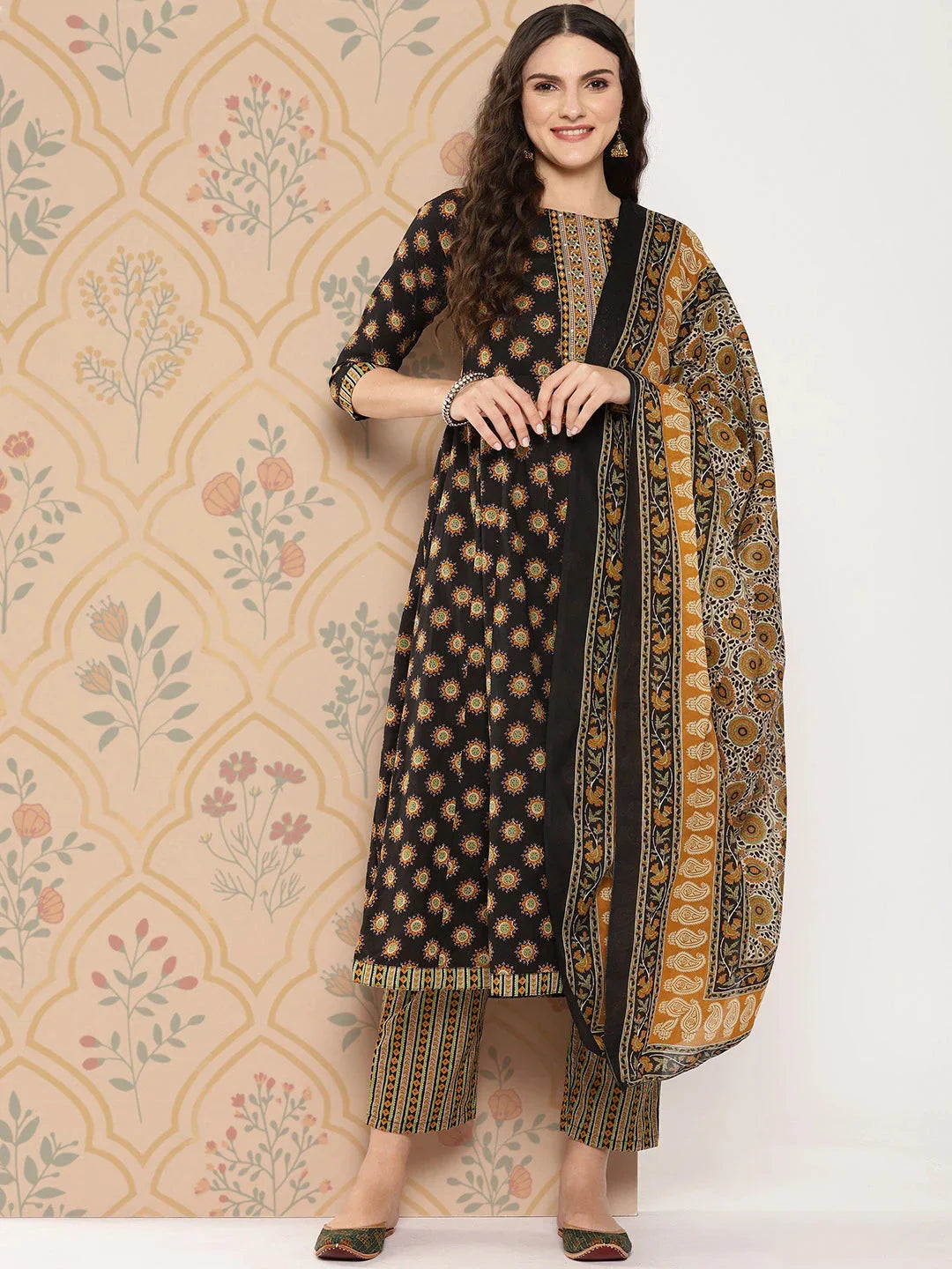 Black Floral Printed Regular Pure Cotton Kurta with Trousers & With Dupatta Set-Indiakreations-JS1423SKDBKS