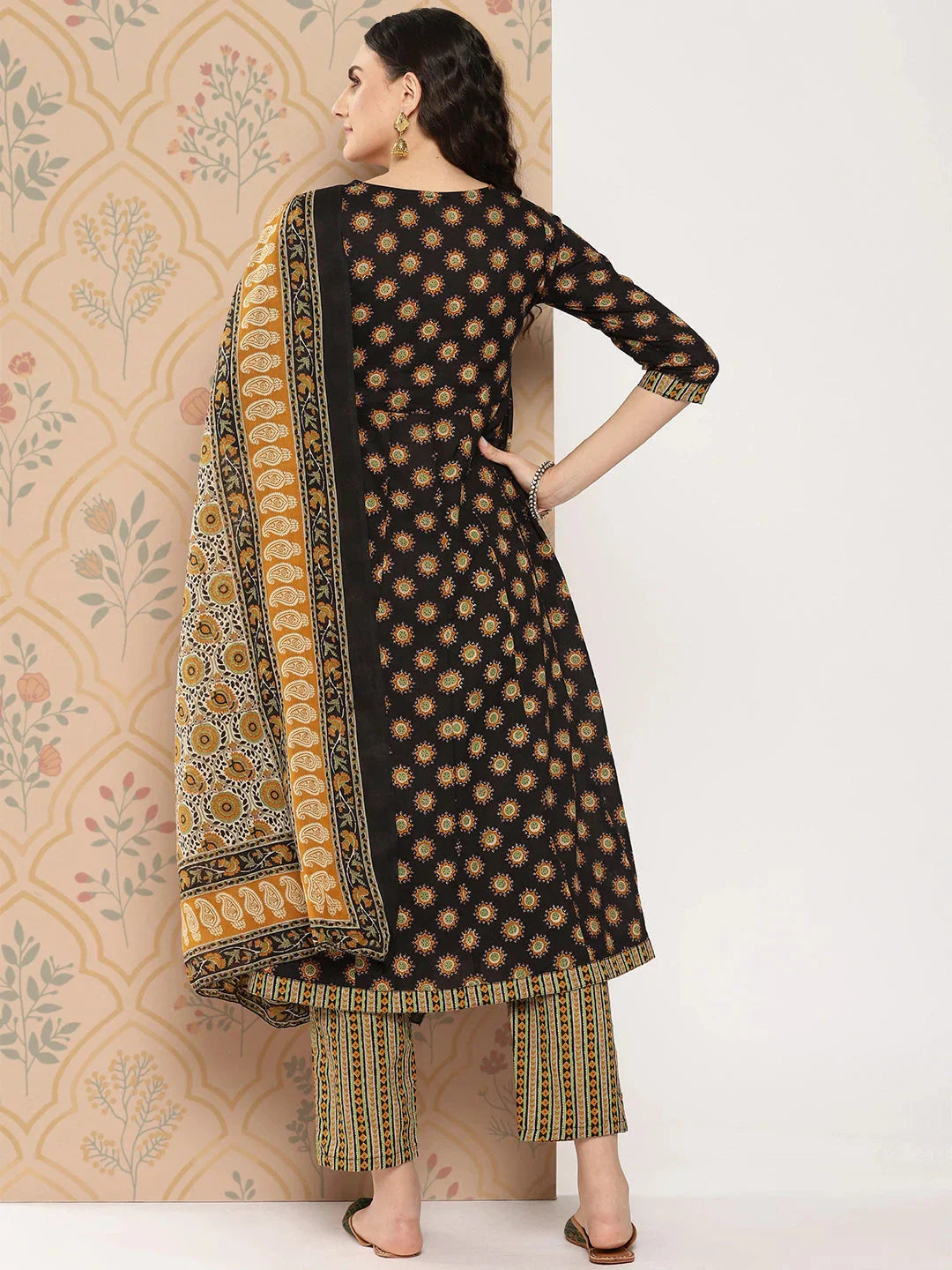 Black Floral Printed Regular Pure Cotton Kurta with Trousers & With Dupatta Set-Indiakreations-JS1423SKDBKS