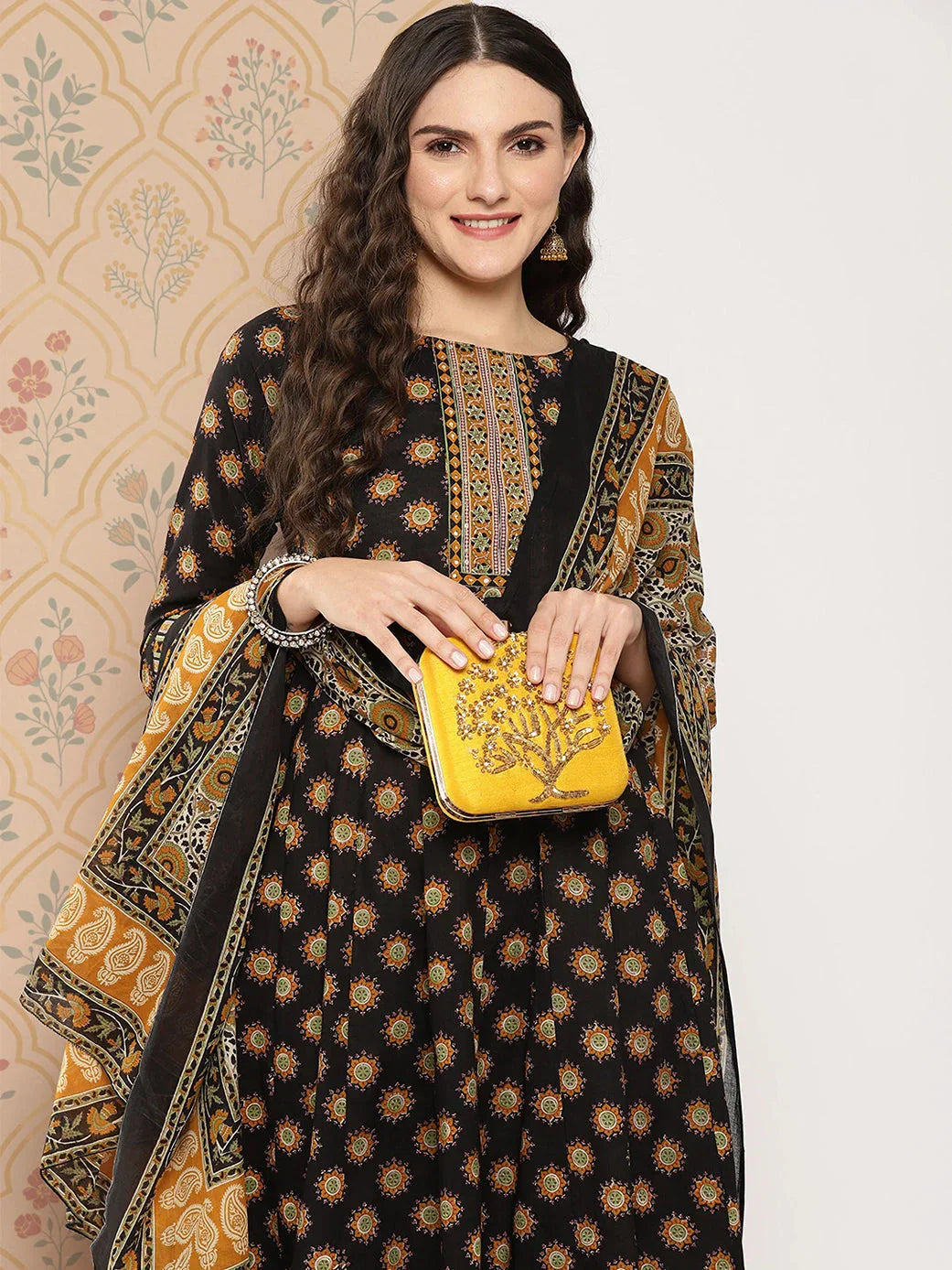 Black Floral Printed Regular Pure Cotton Kurta with Trousers & With Dupatta Set-Indiakreations-JS1423SKDBKS