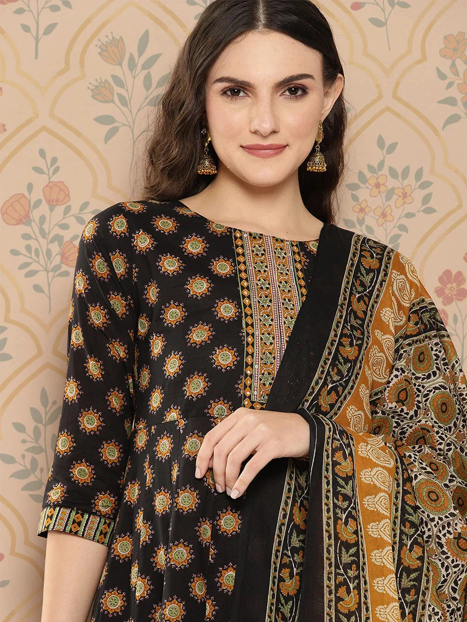 Black Floral Printed Regular Pure Cotton Kurta with Trousers & With Dupatta Set-Indiakreations-JS1423SKDBKS