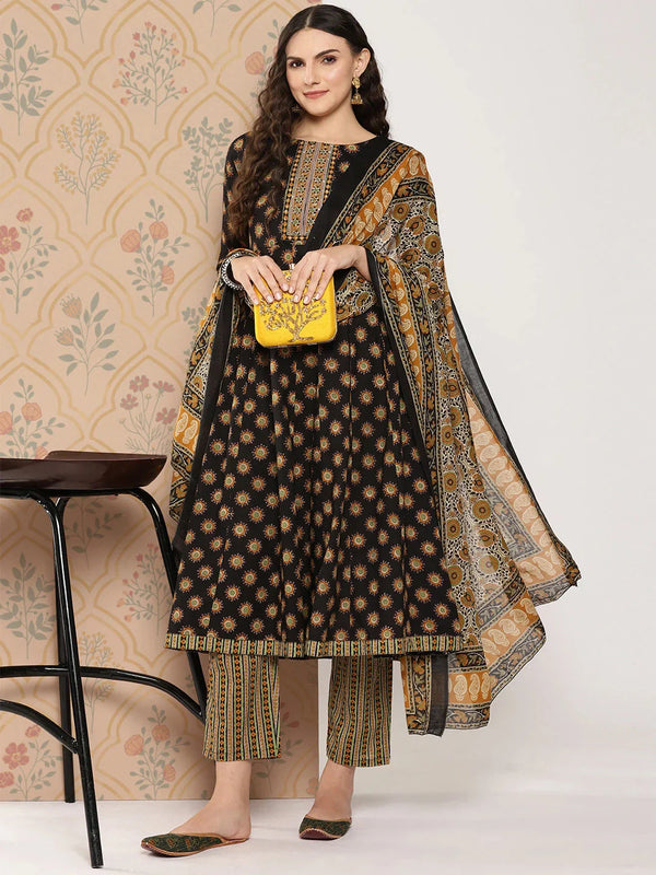 Black Floral Printed Regular Pure Cotton Kurta with Trousers & With Dupatta Set-Indiakreations-JS1423SKDBKS