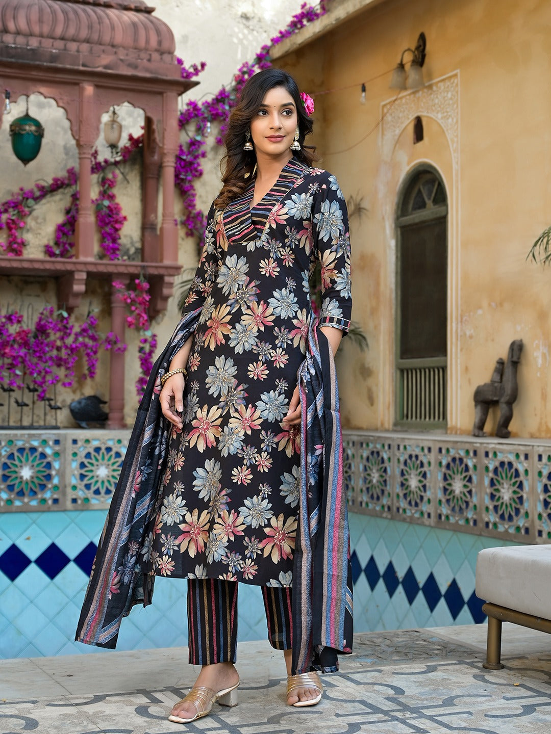 Black Floral print Kurta Trouser with Dupatta Set-Indiakreations-JS1533SKDBKS