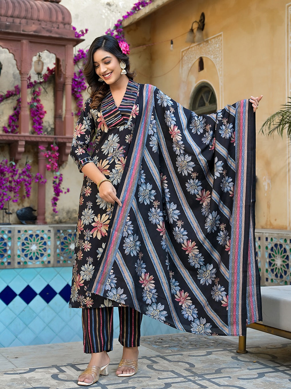 Black Floral print Kurta Trouser with Dupatta Set-Indiakreations-JS1533SKDBKS