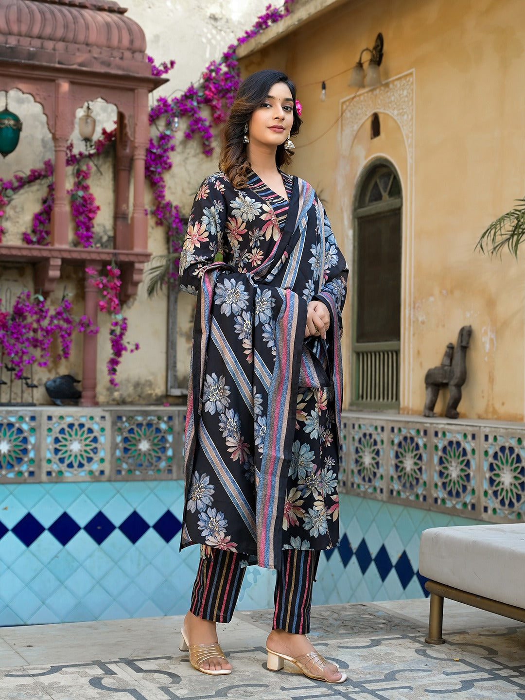 Black Floral print Kurta Trouser with Dupatta Set-Indiakreations-JS1533SKDBKS