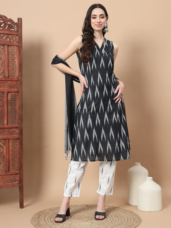 Black Ikat Print A-Line Kurta Palazzo And Dupatta Set-Indiakreations-JS1774SKDBKS