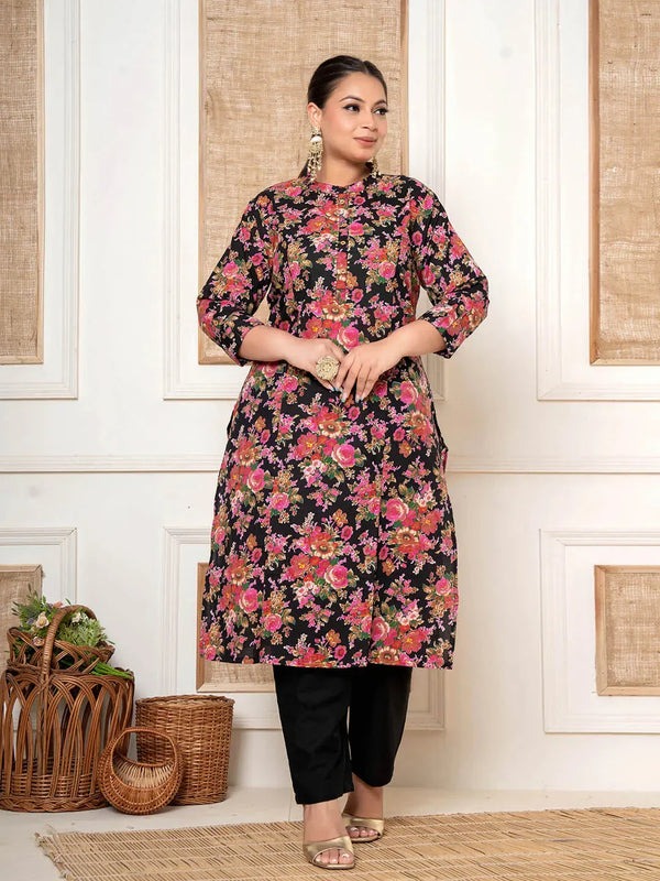 Black Kantha Work Plus Size Kurta Set With Pant-Indiakreations-JS6819PSETBK3XL