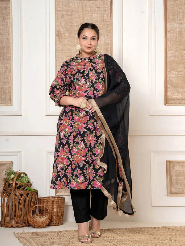 Black Kantha_Work Cotton Plus Size Kurta And Pant With Dupatta Set-Indiakreations-JS6819PSKDBK3XL