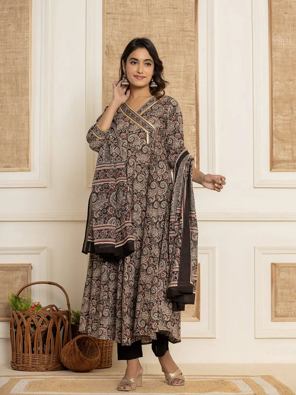 Black Paisley Print Anarkali Style Kurta And Trousers With Dupatta Set-Indiakreations-JS6954SKDBKS