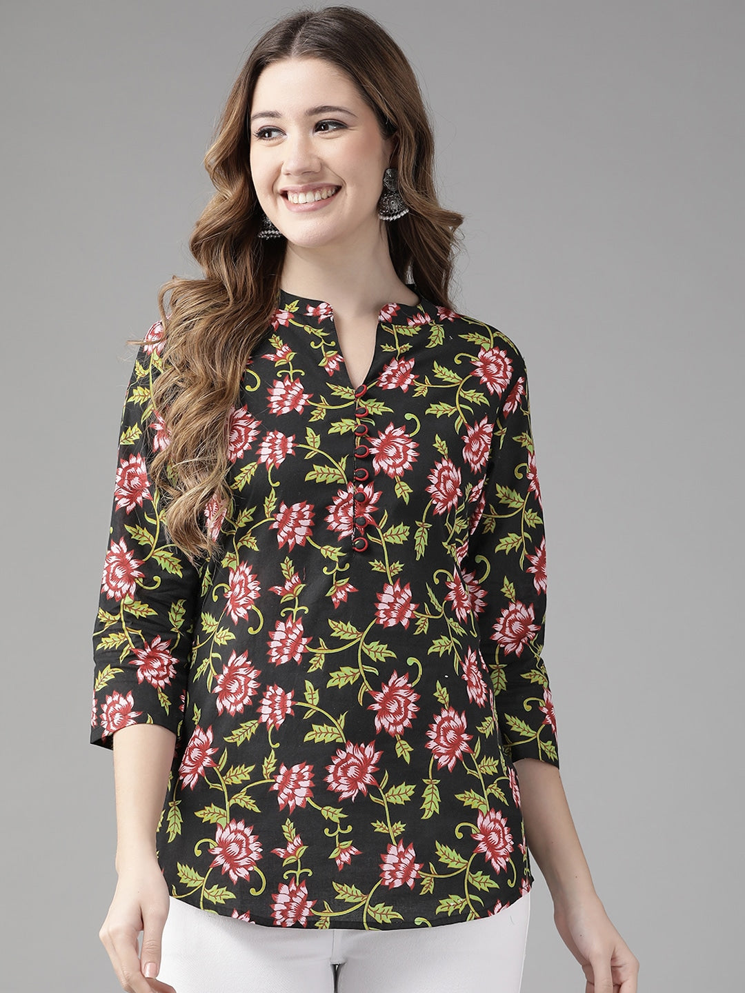 Black & Pink Floral Printed Top-Indiakreations-JS9649TOPBKXS