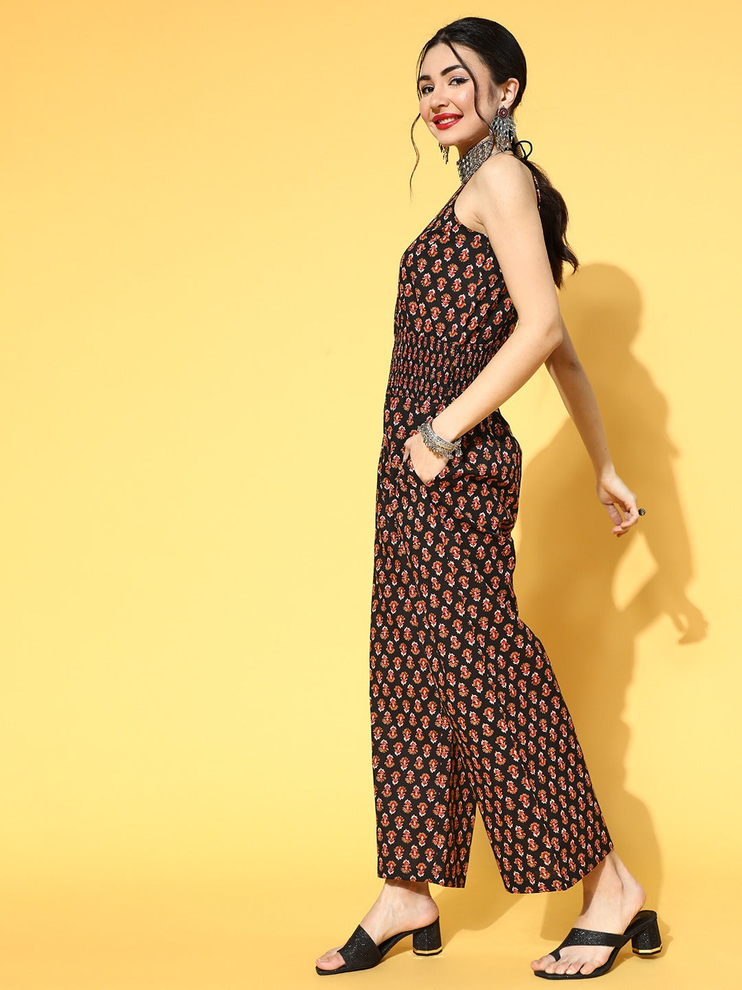 Black Printed Jumpsuit-Indiakreations-JS9546JSBKS