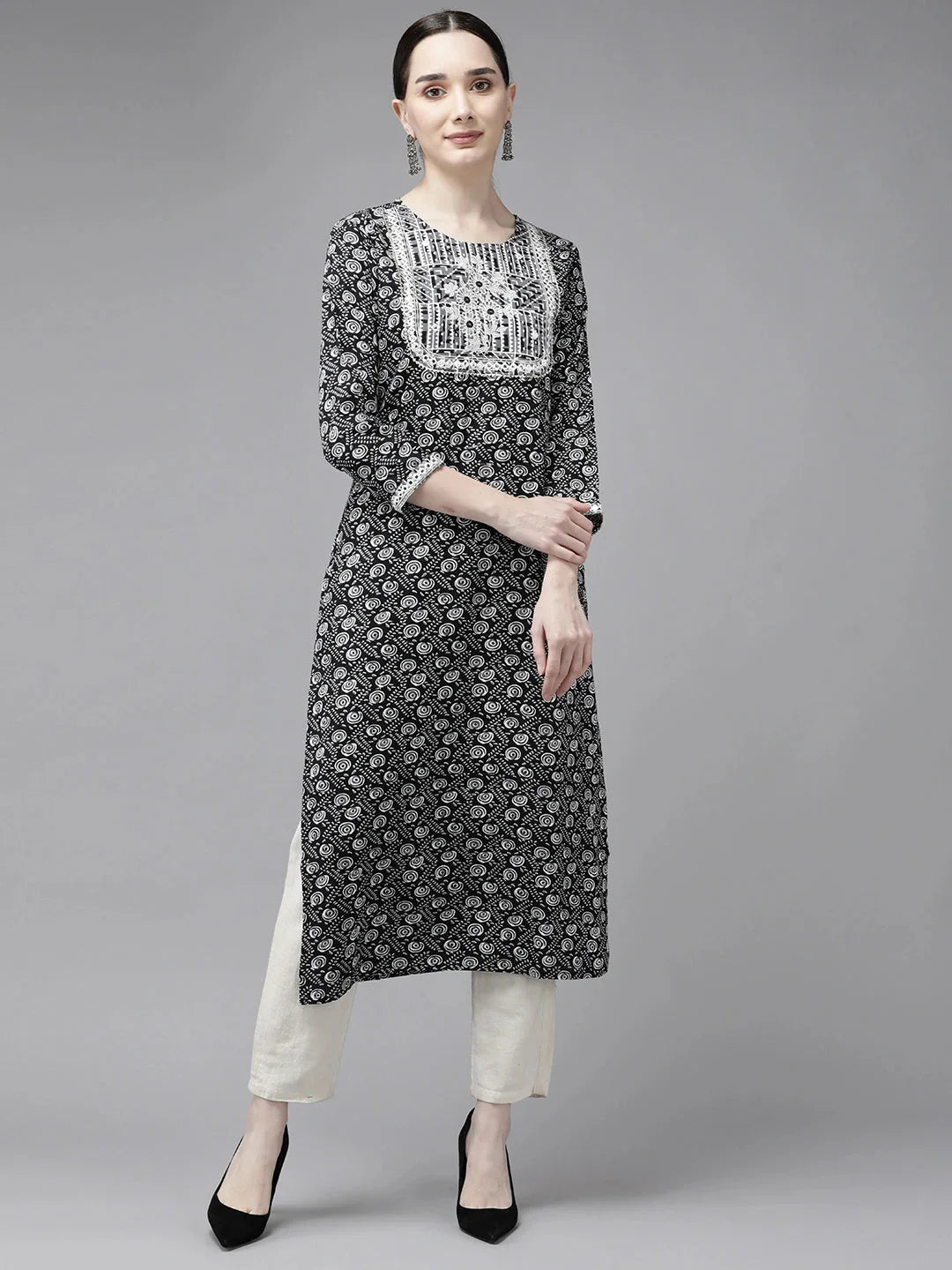 Black Printed Mirror Work Kurta-Indiakreations-JS9742KURBKS