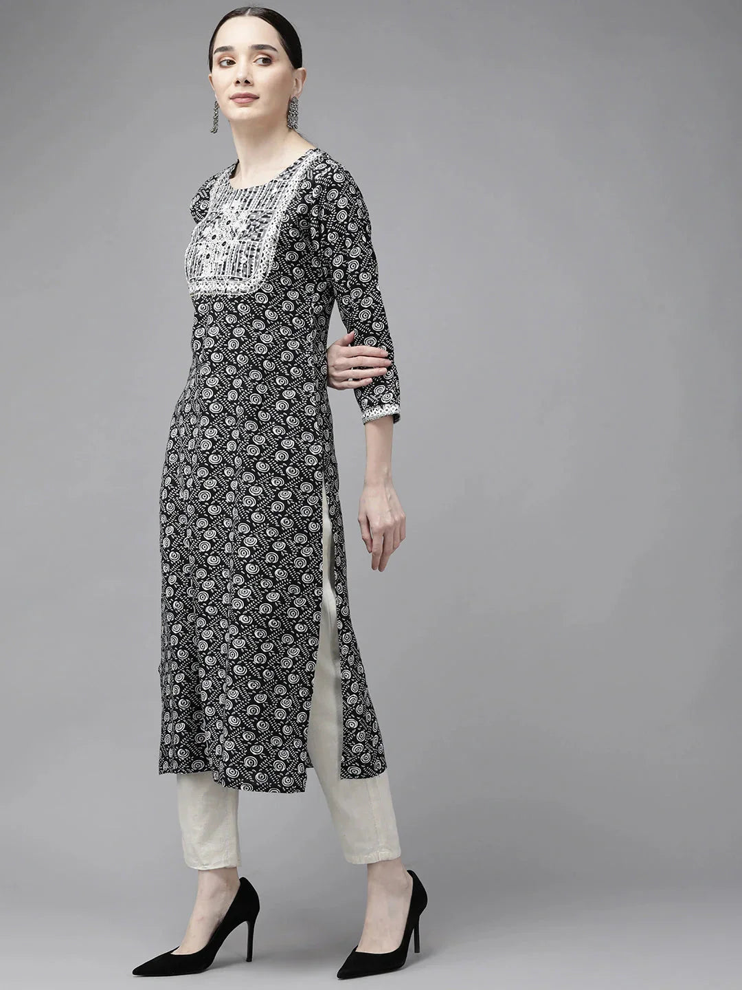 Black Printed Mirror Work Kurta-Indiakreations-JS9742KURBKS