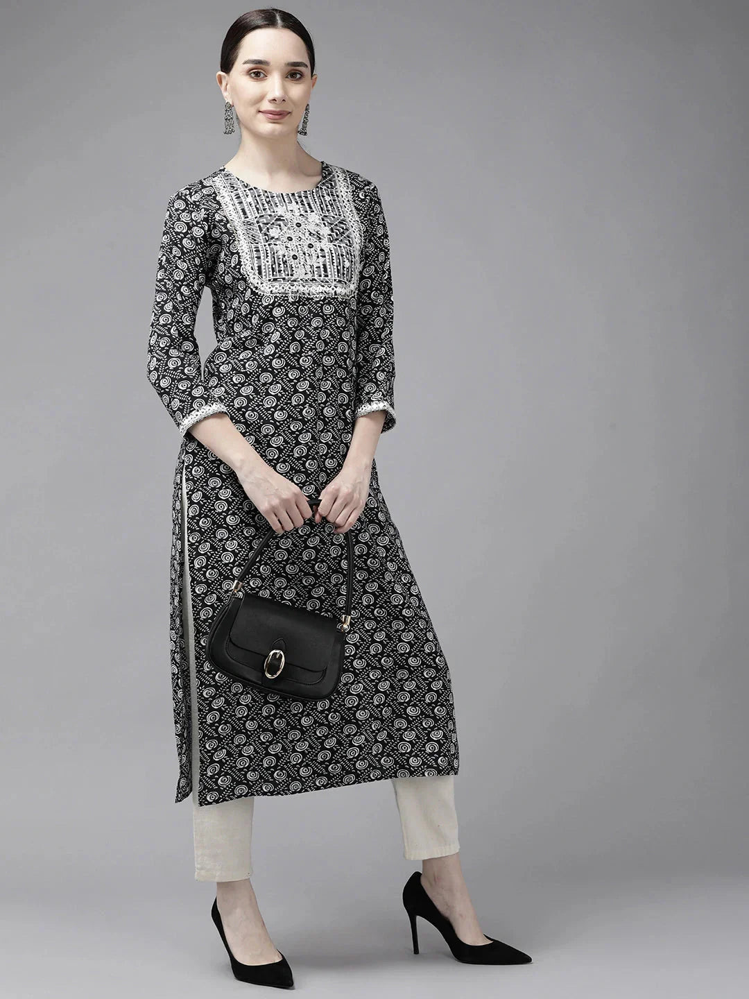 Black Printed Mirror Work Kurta-Indiakreations-JS9742KURBKS