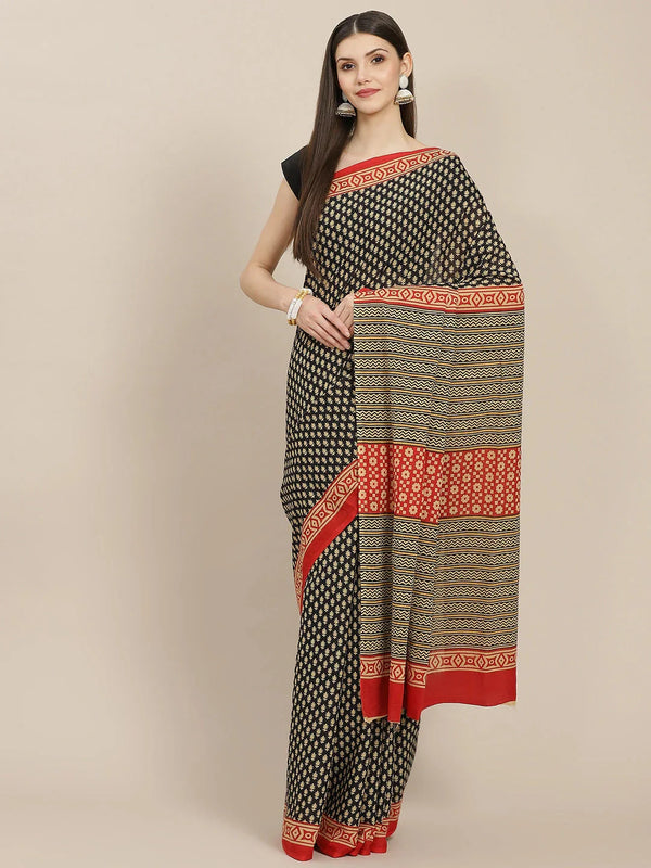 Black Printed Saree-Indiakreations-JS6054SARBK