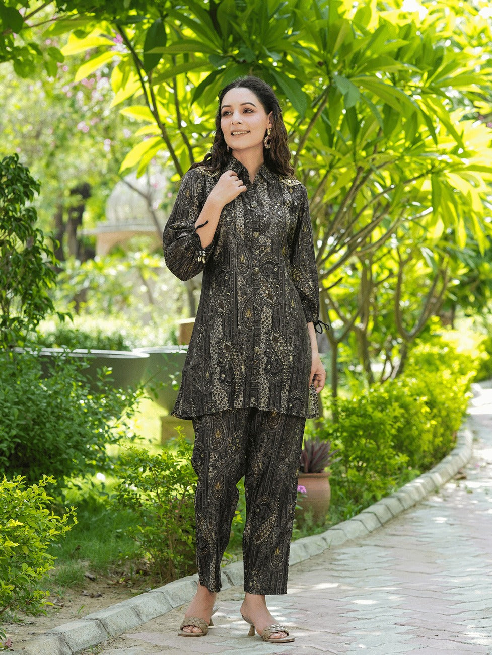 Black Printed Shirt With Straight Trouser Co-Ords-Indiakreations-JS1477CRDBKS