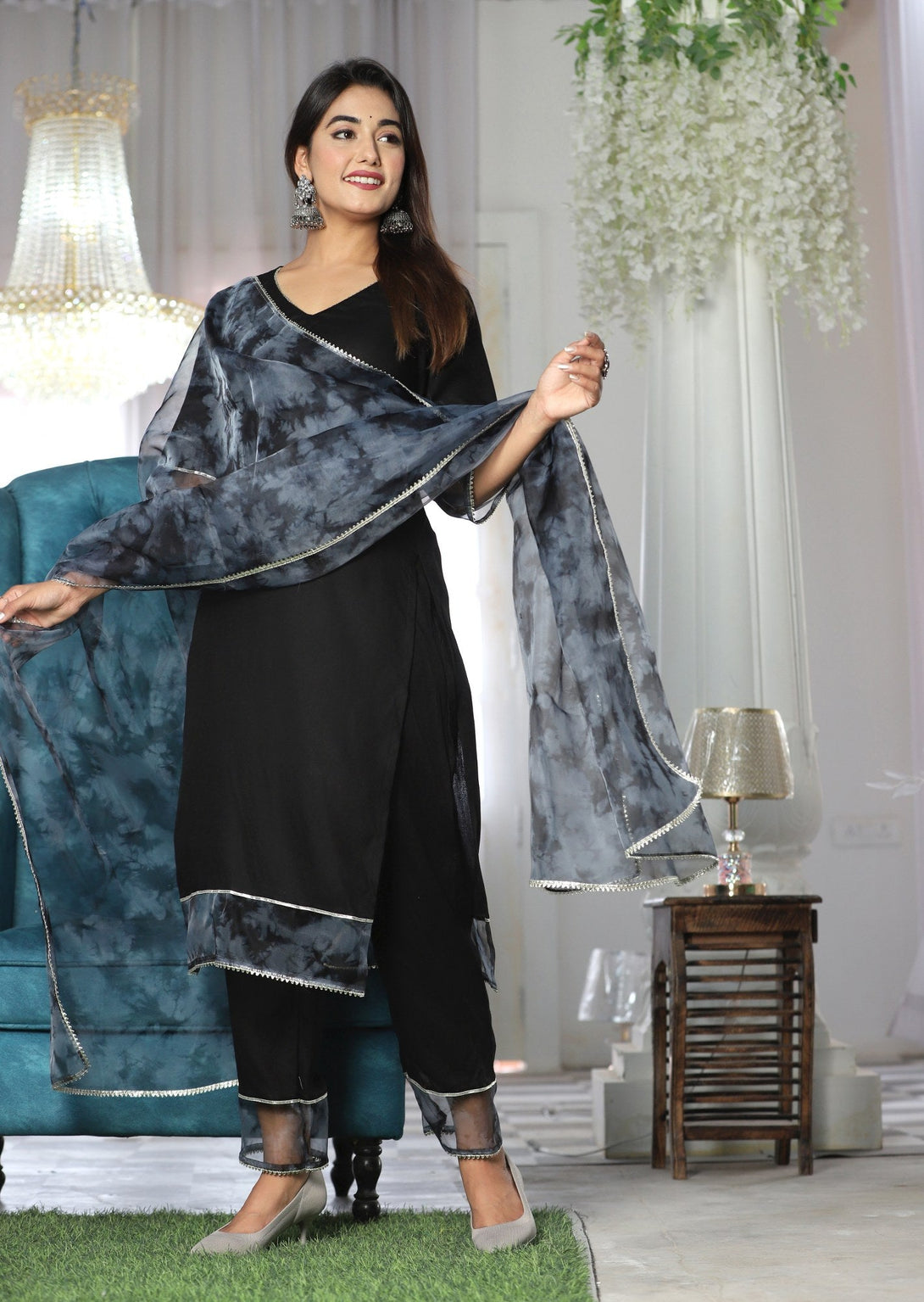 Women's Black Rayon Organza Suit Set - Lado Jaipuri