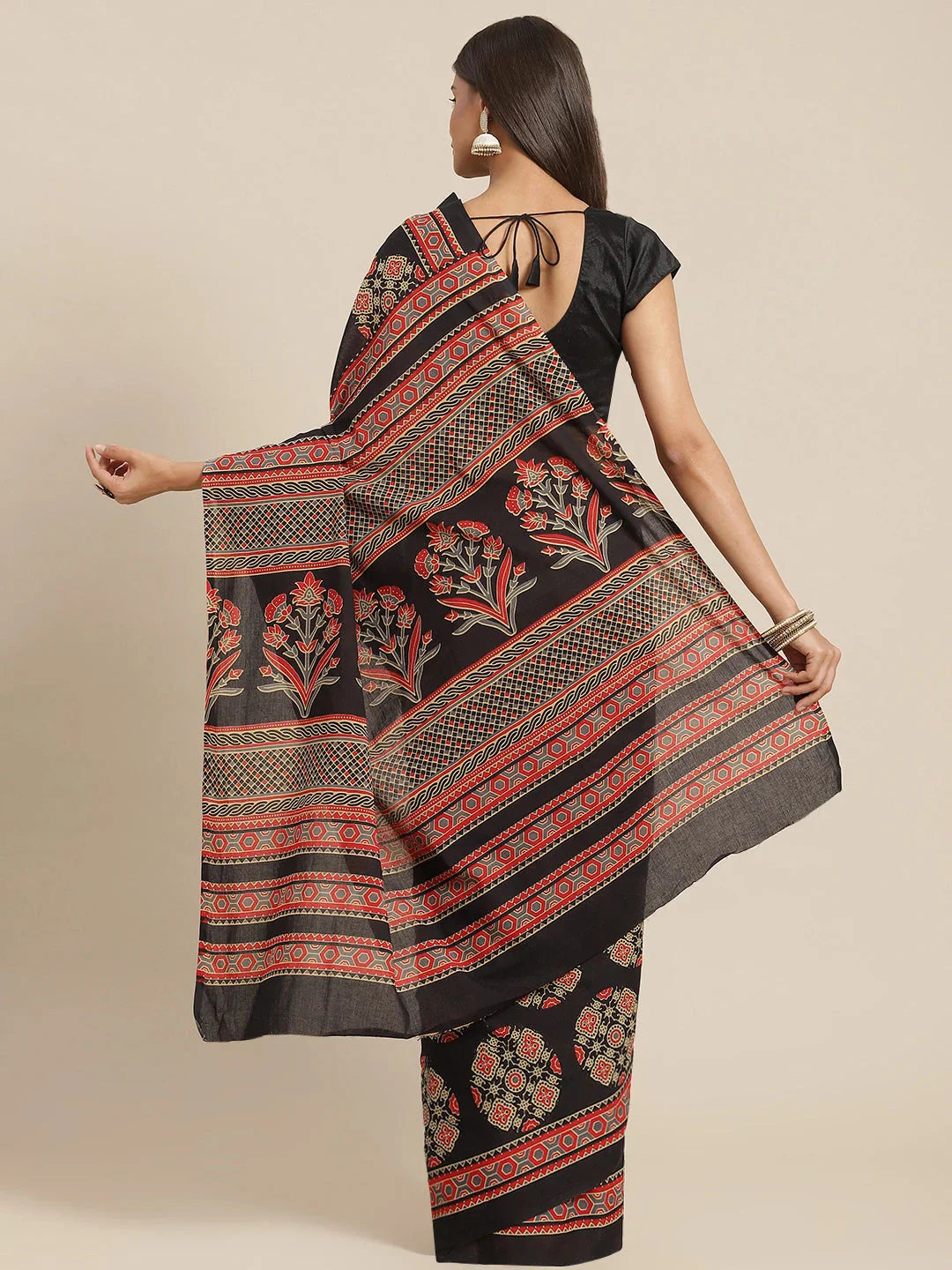 Black & Red Printed Saree-Indiakreations-JS6037SARBK