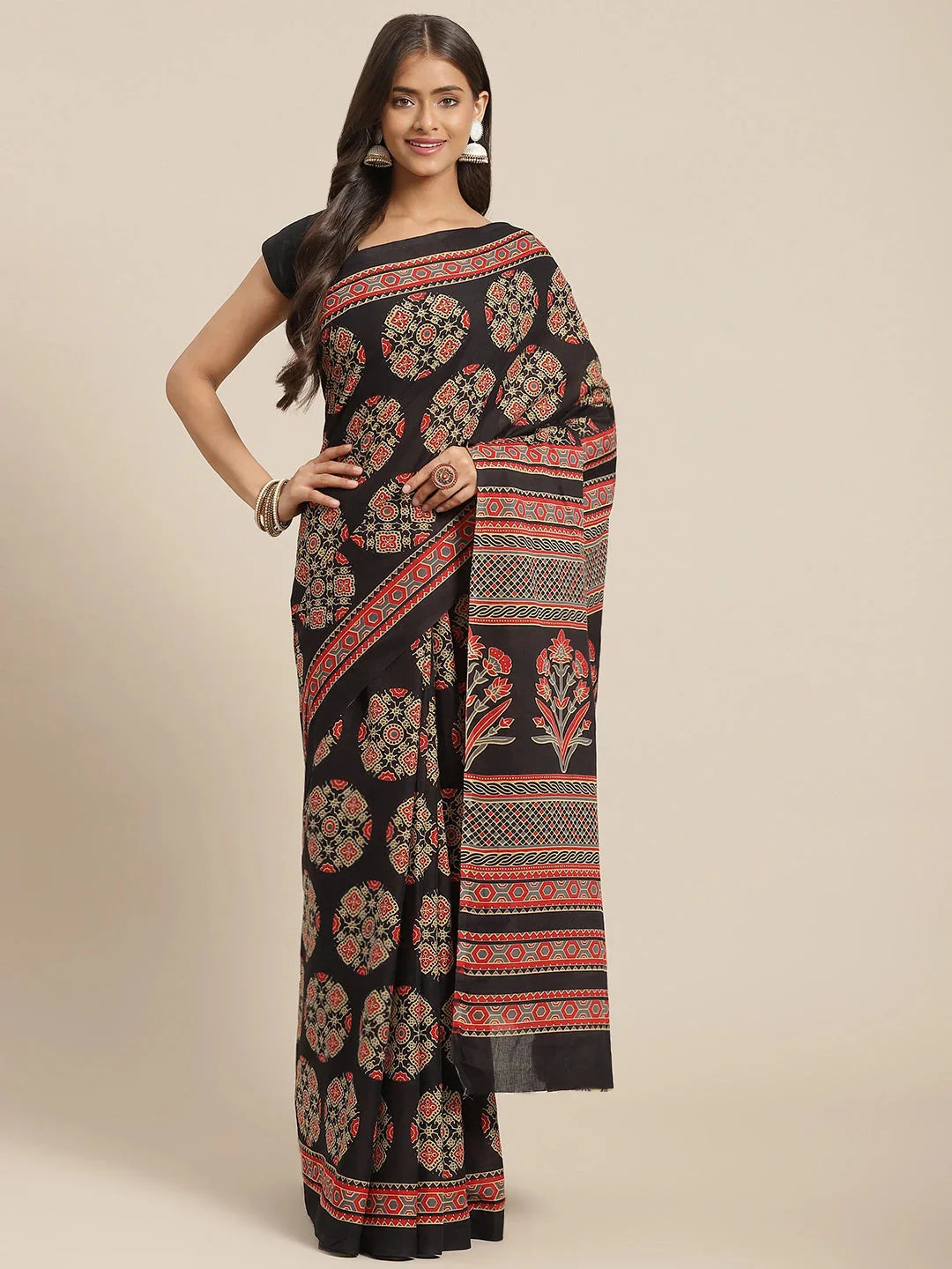 Black & Red Printed Saree-Indiakreations-JS6037SARBK