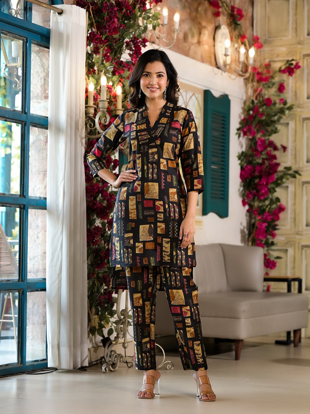 Black Silk blend Abstract Print Co-ord set-Indiakreations-JS1381CRDBKS