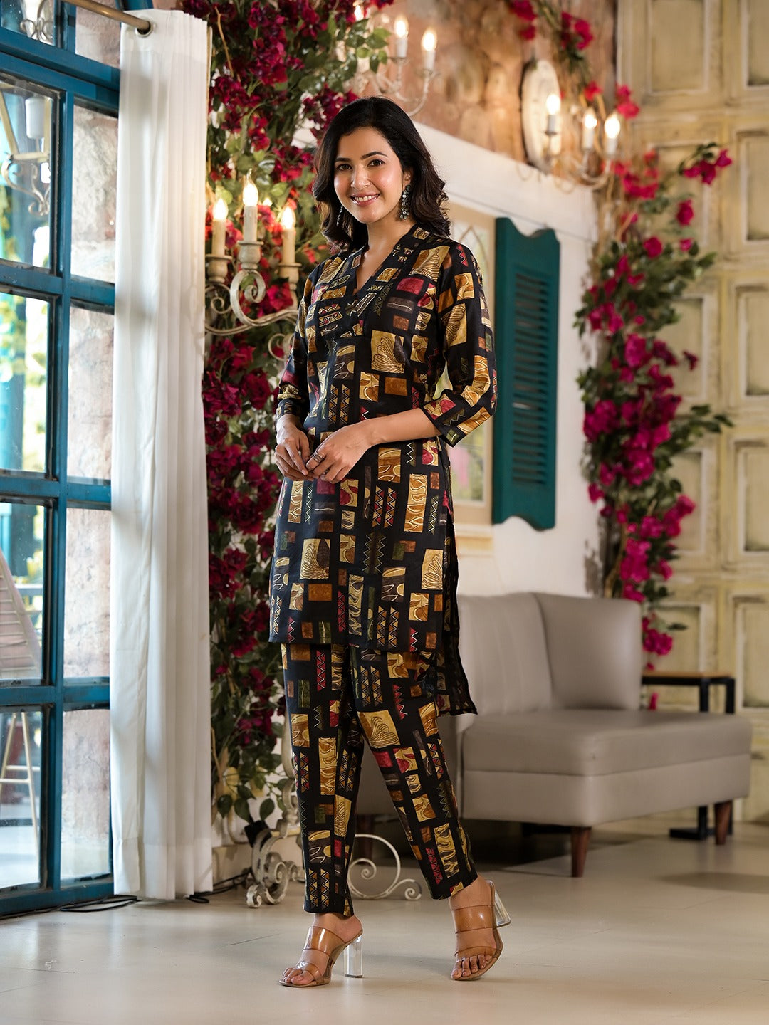 Black Silk blend Abstract Print Co-ord set-Indiakreations-JS1381CRDBKS