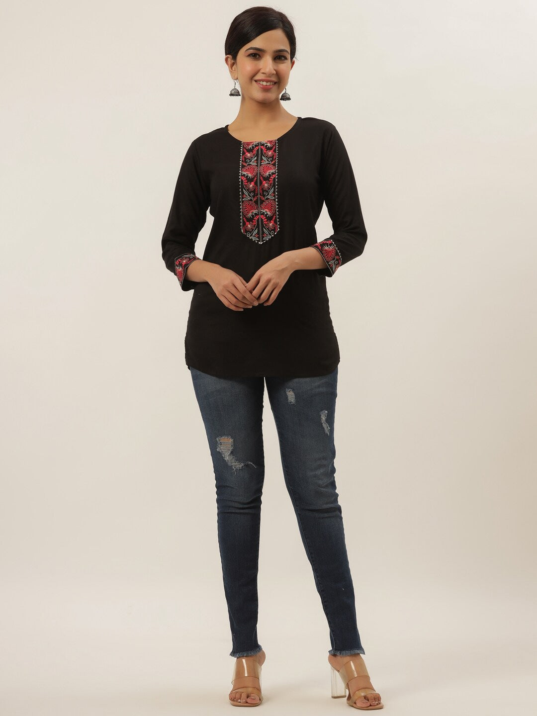 Black Solid Patchwork Top-Indiakreations-JS9639TOPBKXS