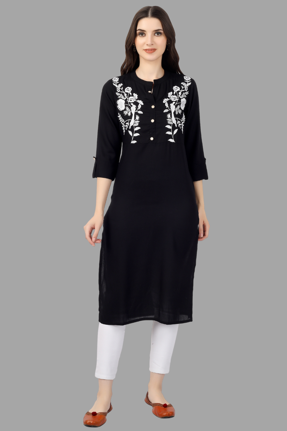 Women's Black Rayon Chicken Embroidered Straight Kurta - House Of Rp