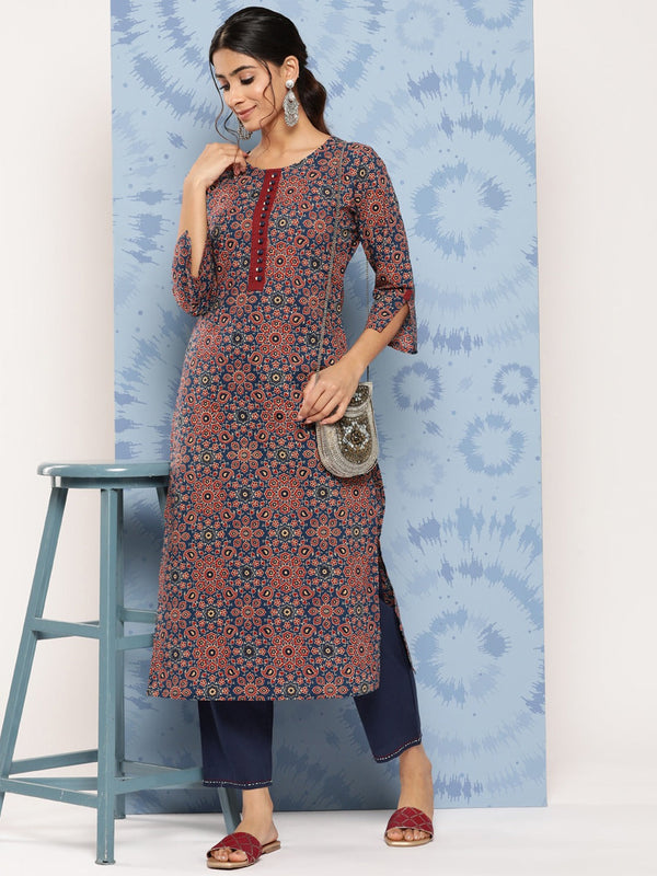 Blue Ajrak Printed Kurta Set-Indiakreations-JS9022SETBLS