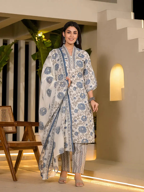 Blue And Off White Floral Print Cotton Straight Style Kurta And Trousers With Dupatta-Indiakreations-JS1007SKDBLS