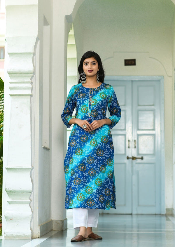 Blue Bandhani Printed Kurta-Indiakreations-JS9068KURBLS