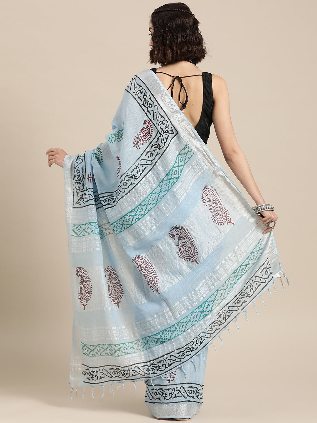 Blue & Brown Handwoven Ethnic Motifs Zari Saree-Indiakreations-JS6027SARSB