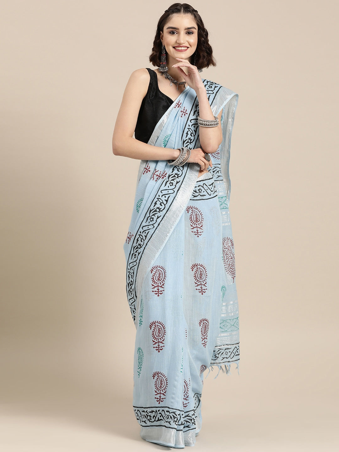 Blue & Brown Handwoven Ethnic Motifs Zari Saree-Indiakreations-JS6027SARSB