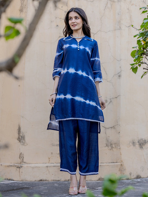 Blue Chanderi Silk Tie Dye Co-Ord Set-Indiakreations-JS1868CRDBLS