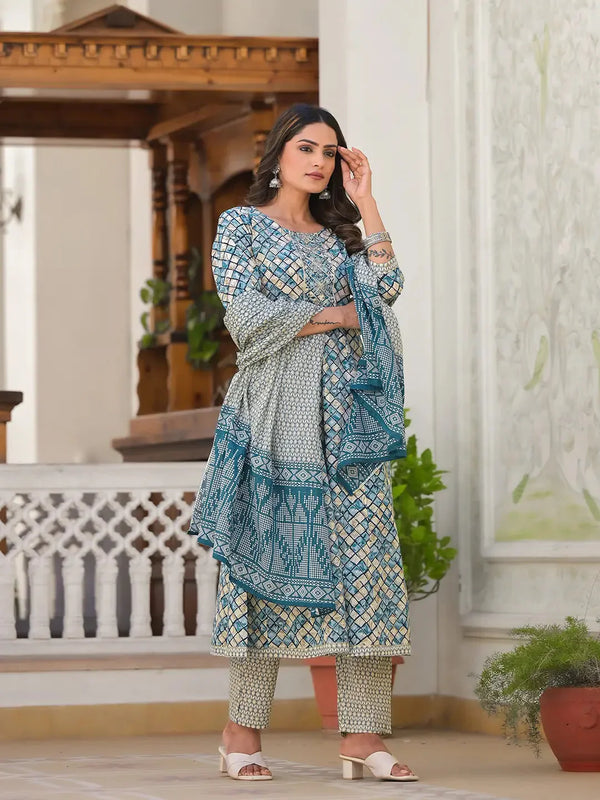 Blue Checkered Print Anarkali Kurta Trouser With Dupatta Set-Indiakreations-JS6918SKDBLS