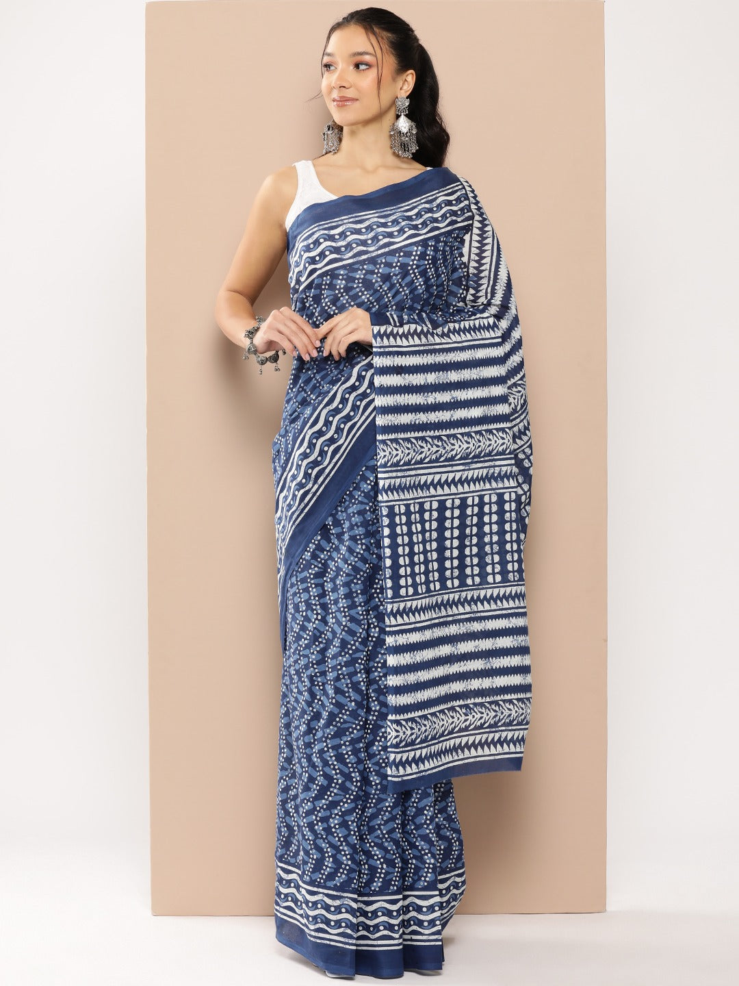 Blue Chevron Mulmul Cotton Sarees With Unstitched Blouse-Indiakreations-JS1967SARBL