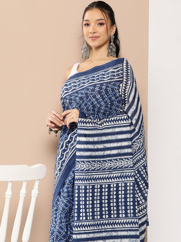 Blue Chevron Mulmul Cotton Sarees With Unstitched Blouse-Indiakreations-JS1967SARBL