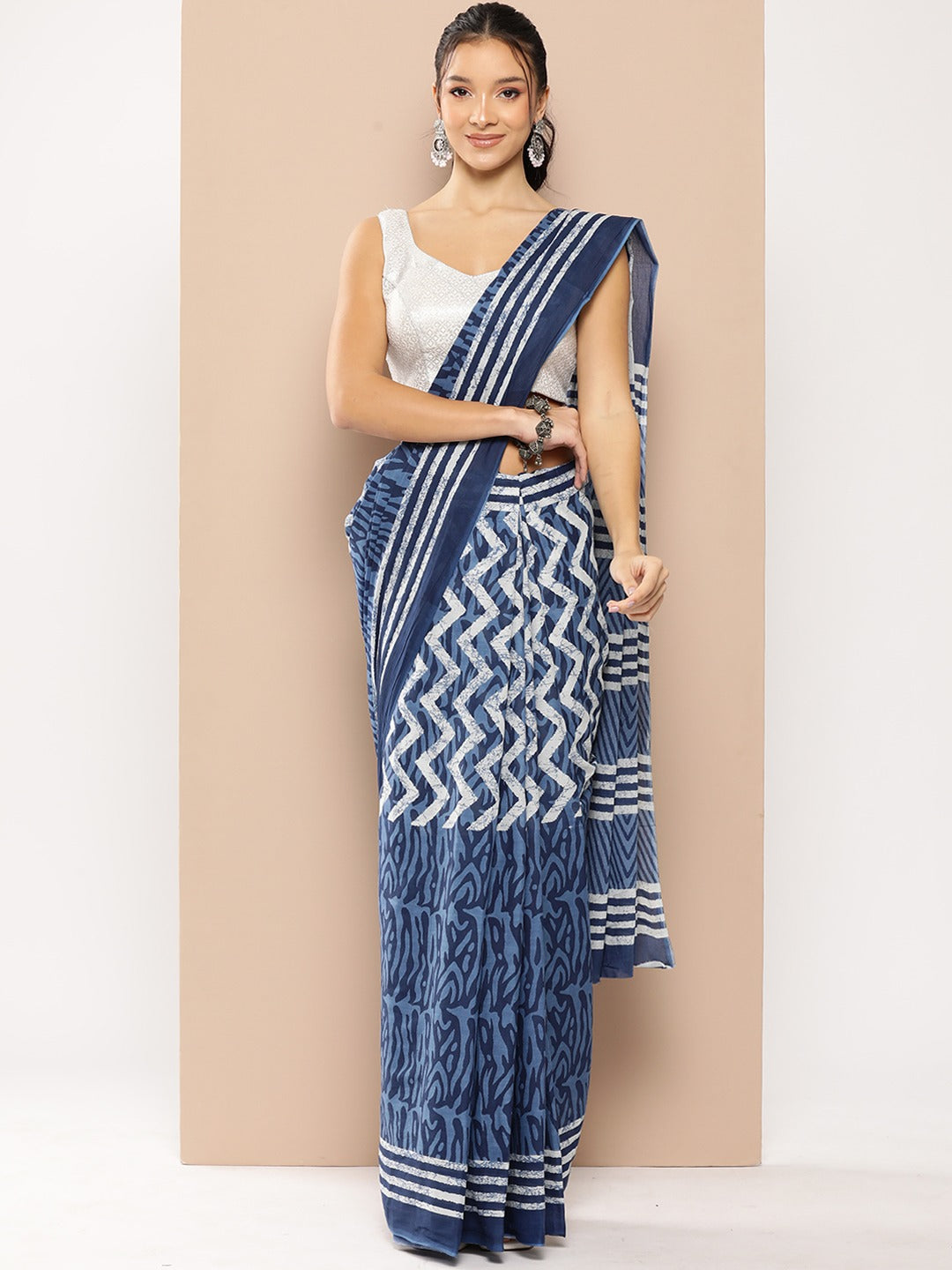 Blue Chevron Mulmul Cotton Sarees With Unstitched Blouse-Indiakreations-JS1968SARBL