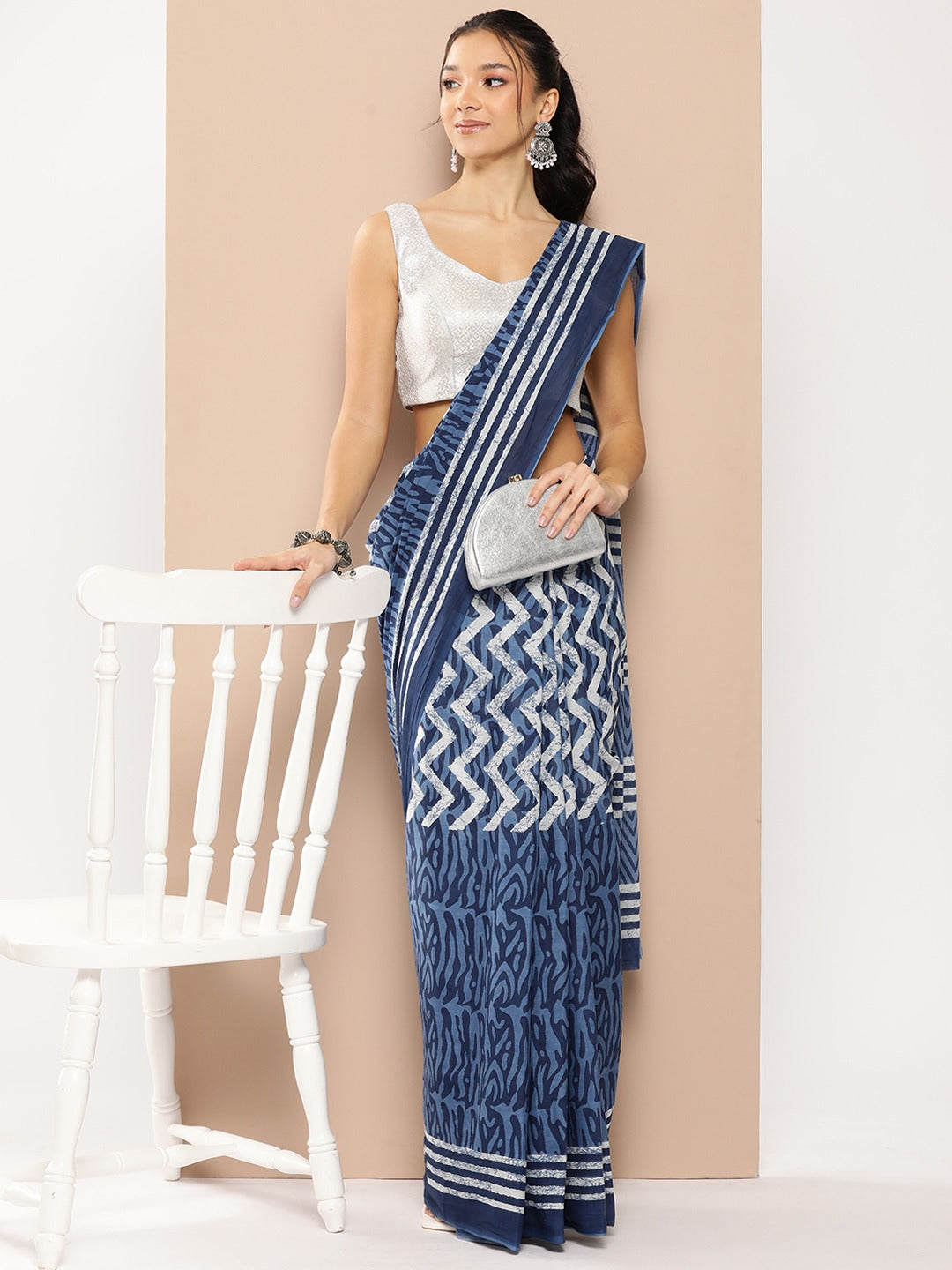 Blue Chevron Mulmul Cotton Sarees With Unstitched Blouse-Indiakreations-JS1968SARBL