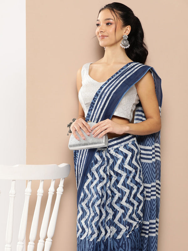 Blue Chevron Mulmul Cotton Sarees With Unstitched Blouse-Indiakreations-JS1968SARBL