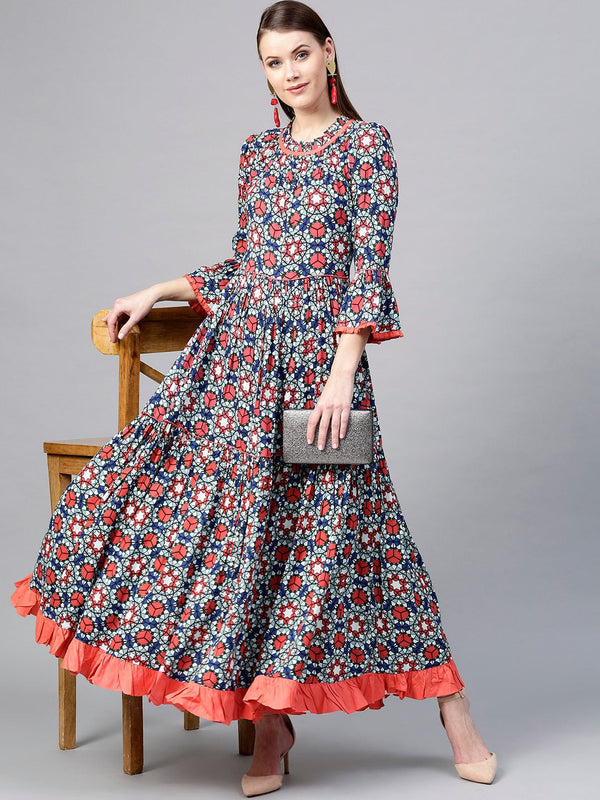 Blue & Coral Printed Kurta-Indiakreations-JSYUFDGKU1938XS