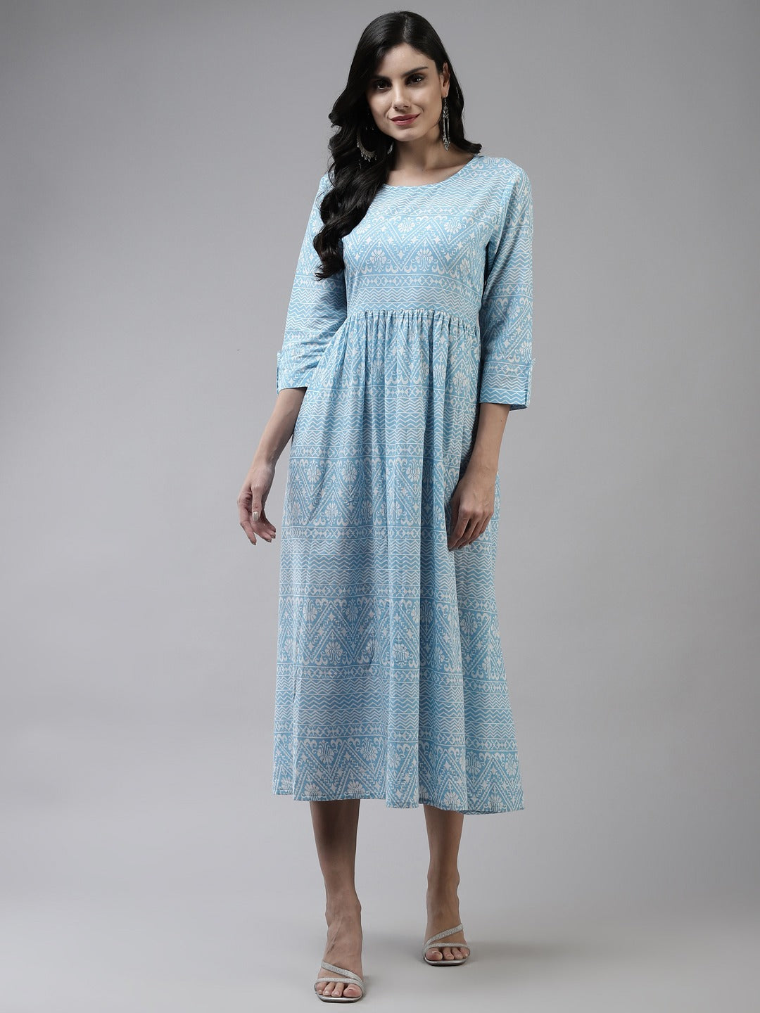 Blue Cotton Ethnic Midi Dress-Indiakreations-JS9786DRSSBS