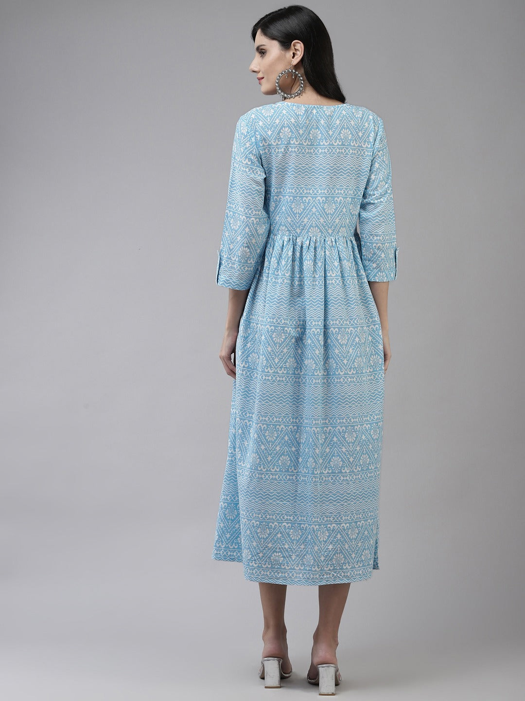 Blue Cotton Ethnic Midi Dress-Indiakreations-JS9786DRSSBS